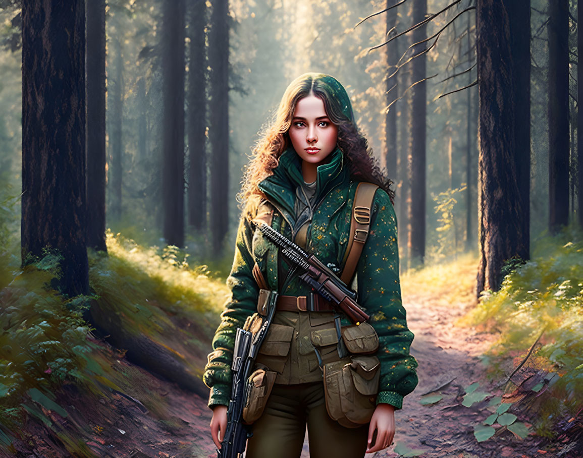 Military woman with rifle in forest under sunlight