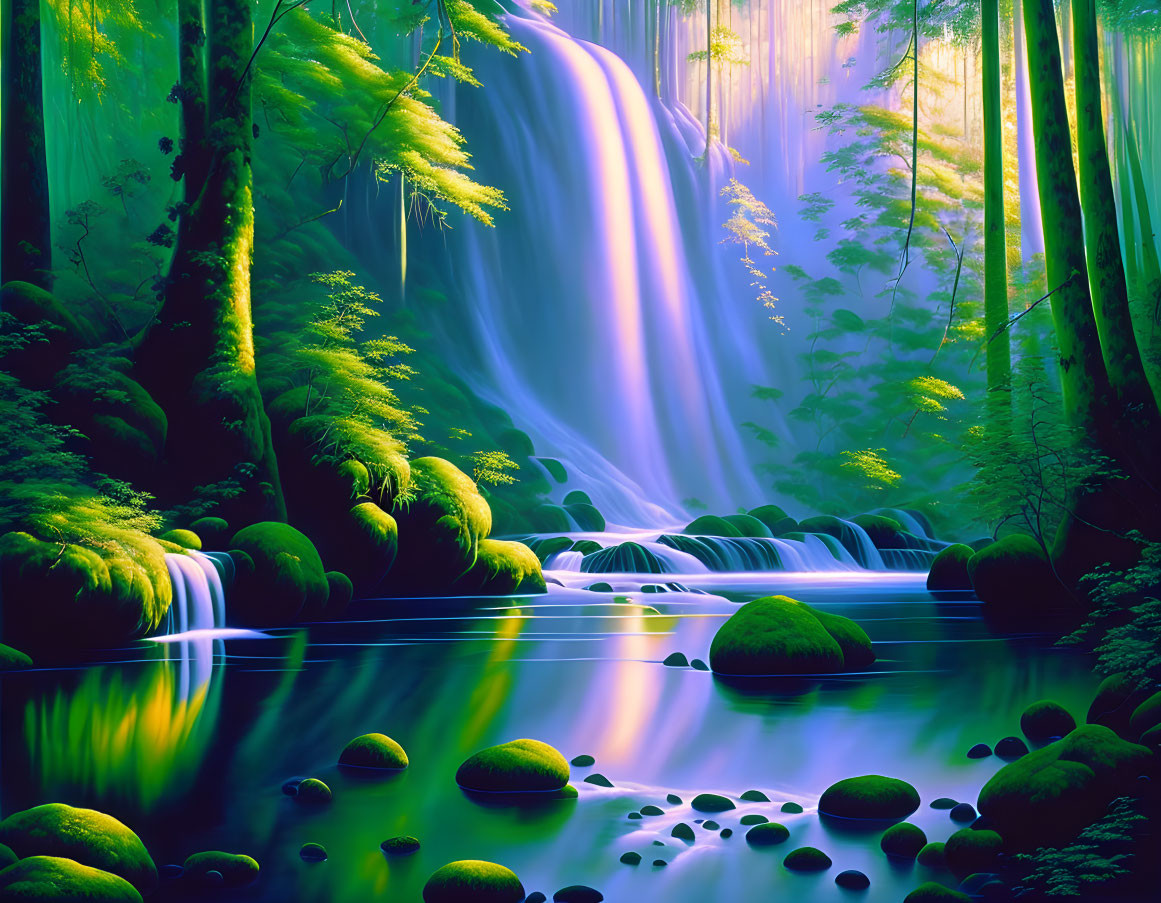 Ethereal forest with waterfall, river stones, and misty ambiance