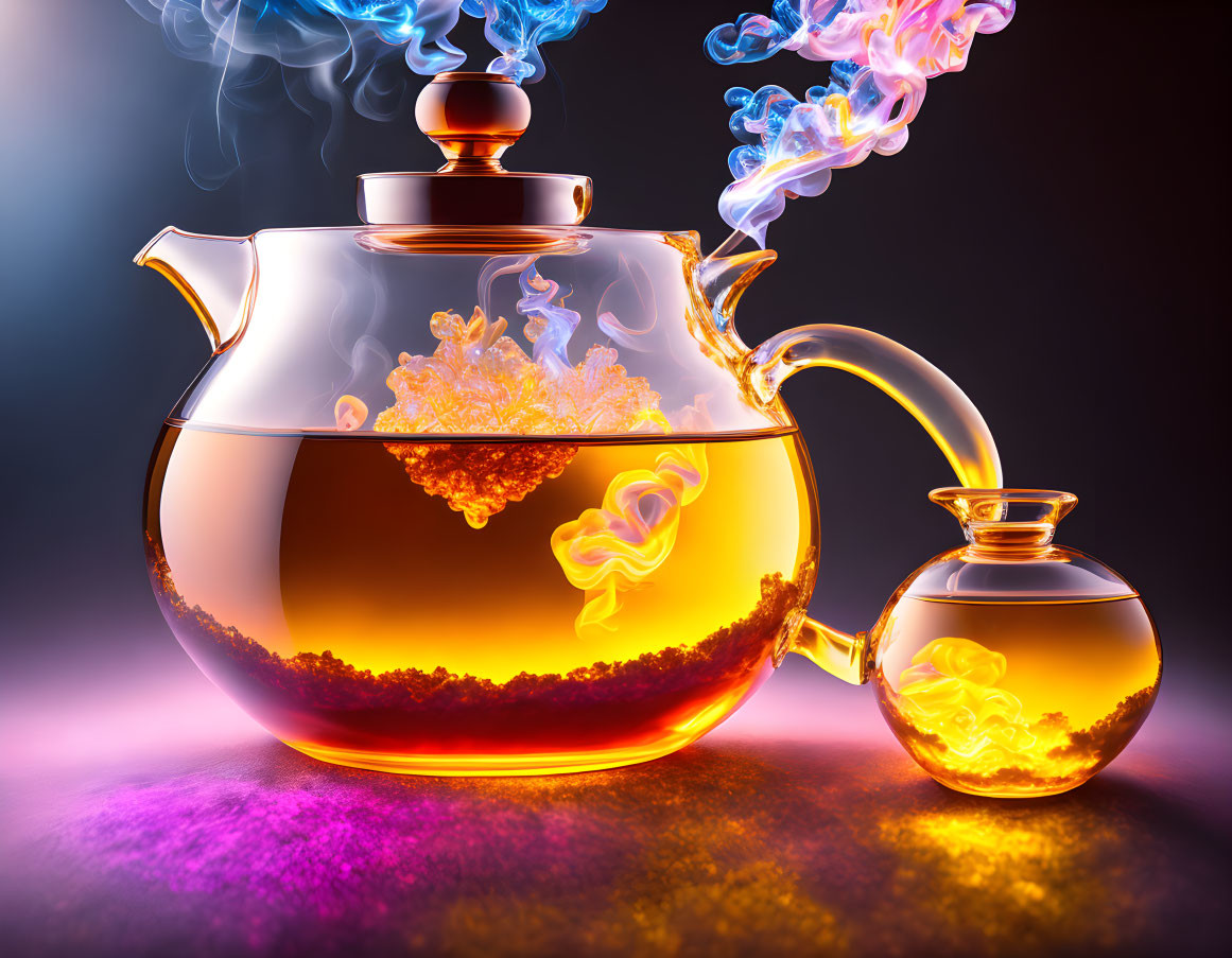 Colorful Swirling Teapot and Container on Dark Background