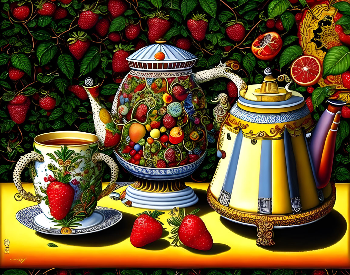 coffee pot with cups and fruits