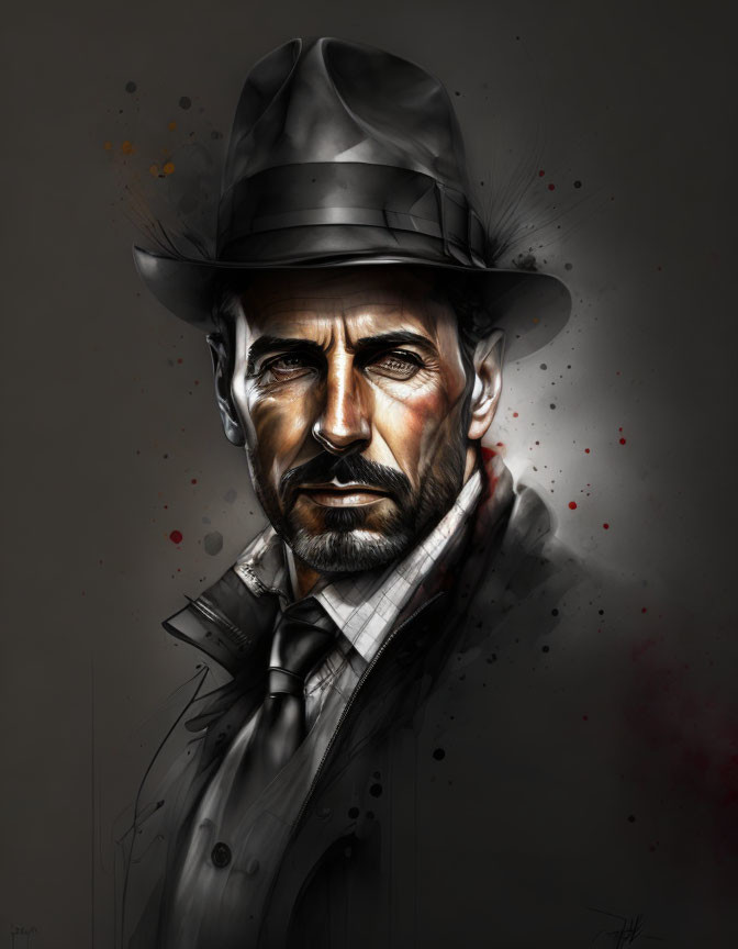 Man in fedora and trench coat with stern expression and red splatter accents