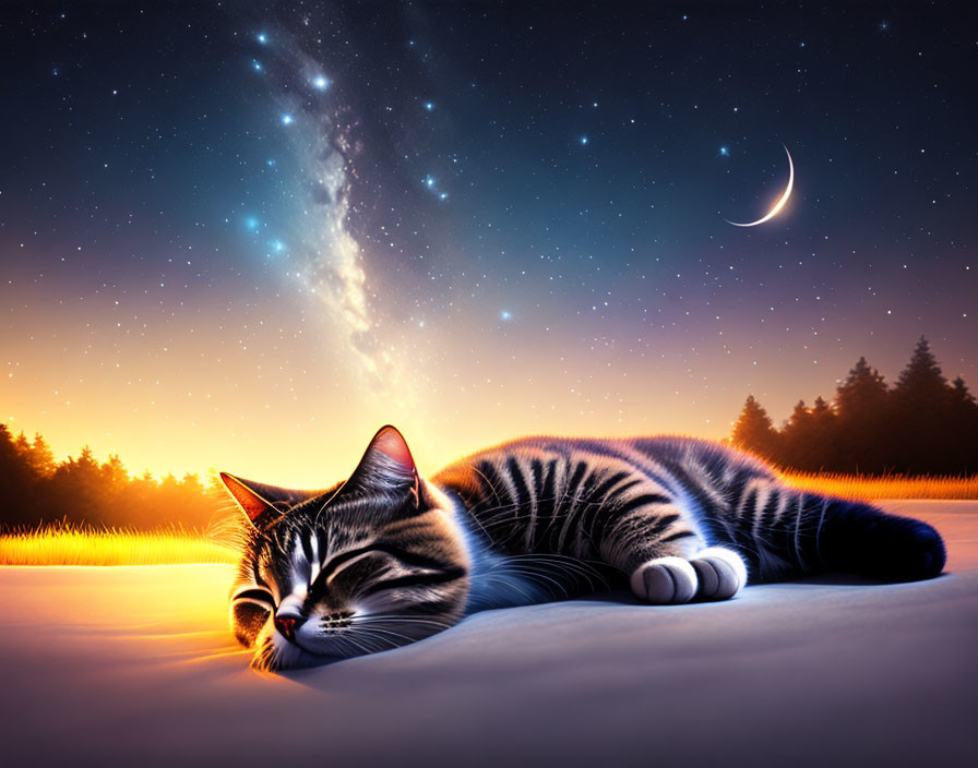 Cat napping under starlit sky with Milky Way, crescent moon, and serene forest.