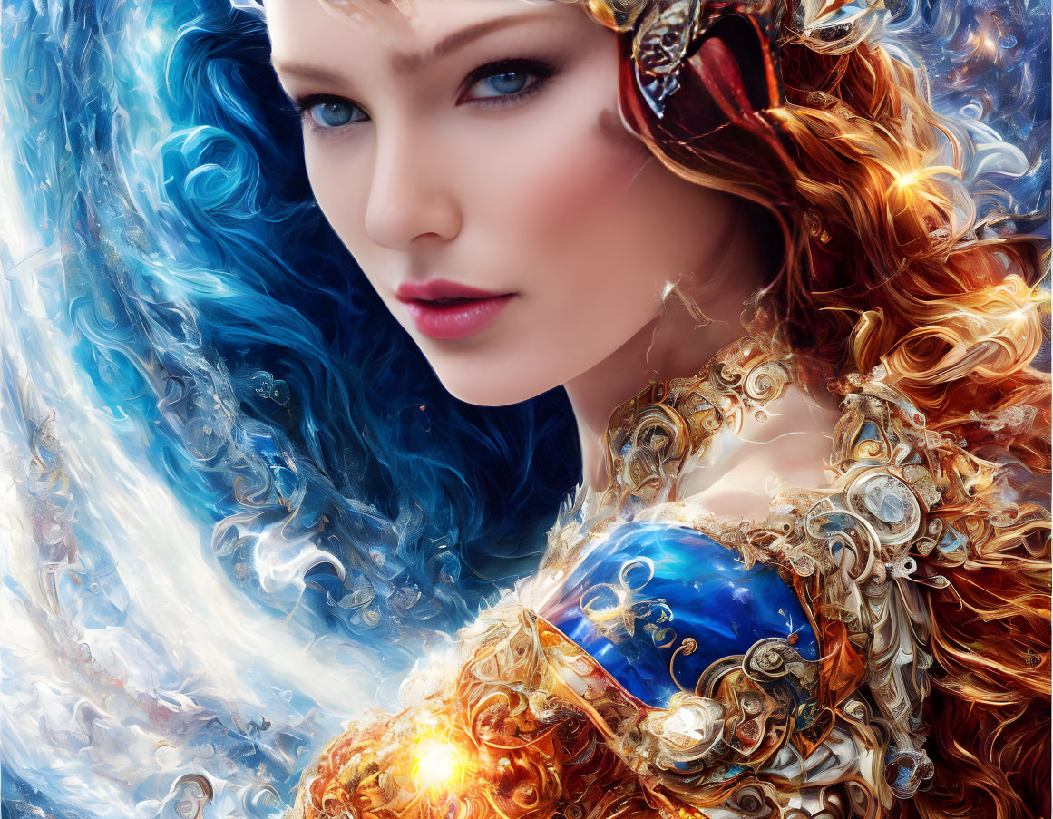 Detailed digital artwork: Woman in blue and gold steampunk attire with glowing heart and intricate gears on