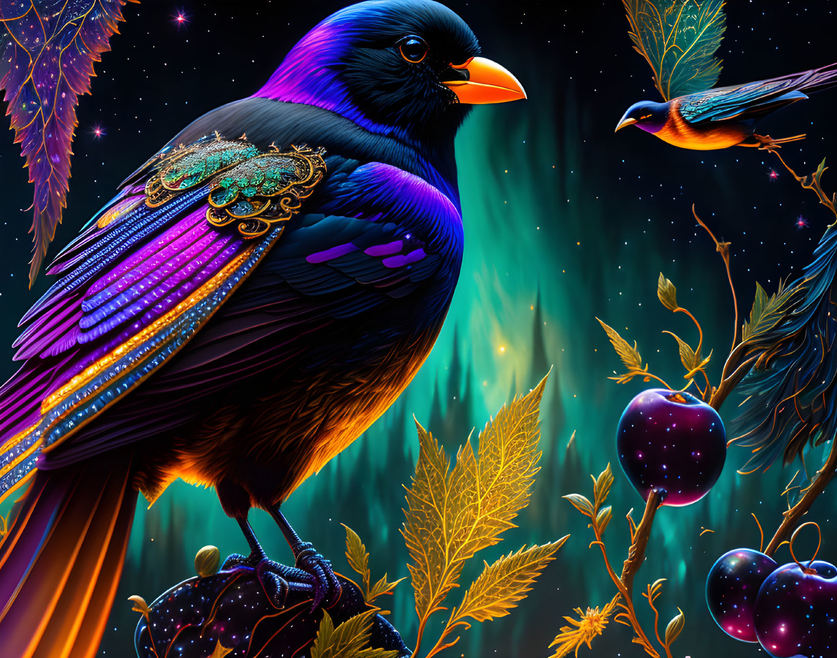 Colorful stylized birds with iridescent feathers in celestial flora and fruit against a starry background