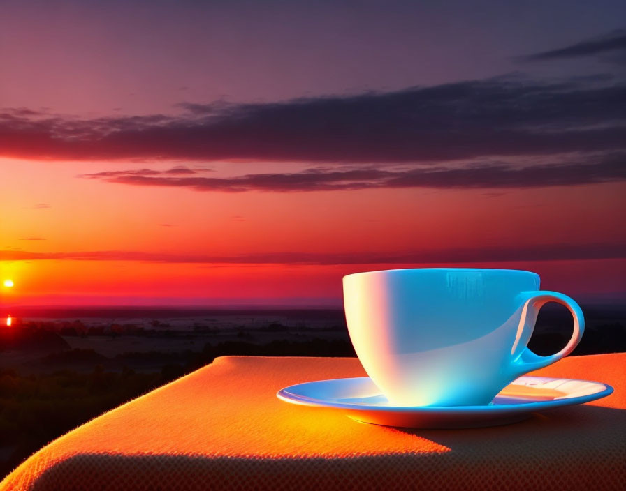 Blue Glowing Cup and Saucer on Textured Surface Against Vibrant Sunset