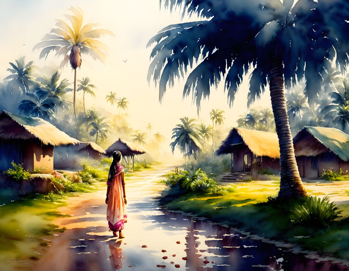 Traditional clothing woman walking by village huts and palm trees beside serene waterway