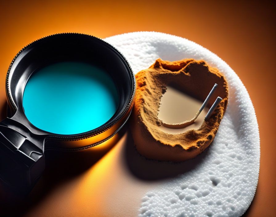 Camera lens with lens cap and cleaning tools on white surface