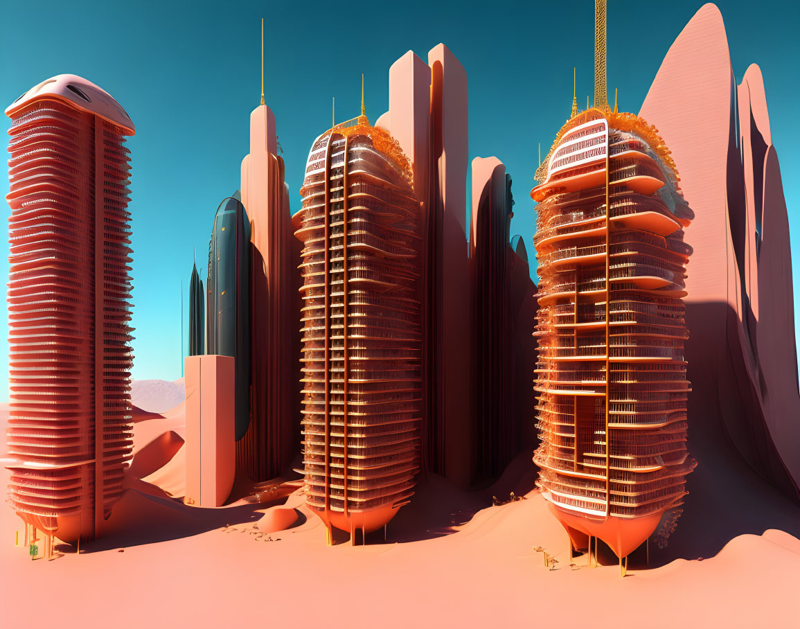 Futuristic cityscape with towering curved skyscrapers on desert-like terrain