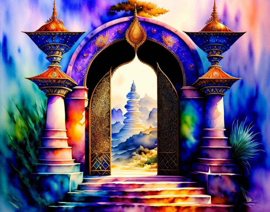 Ornate door unveils mystical landscape with blue pagoda