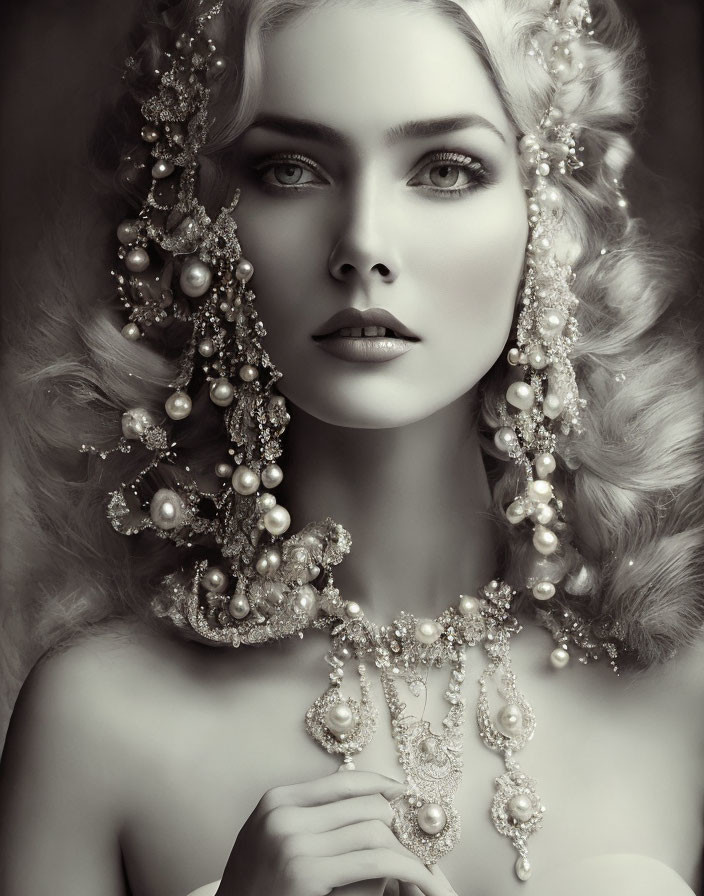 Monochrome portrait of woman with pearl and jewel headpiece.