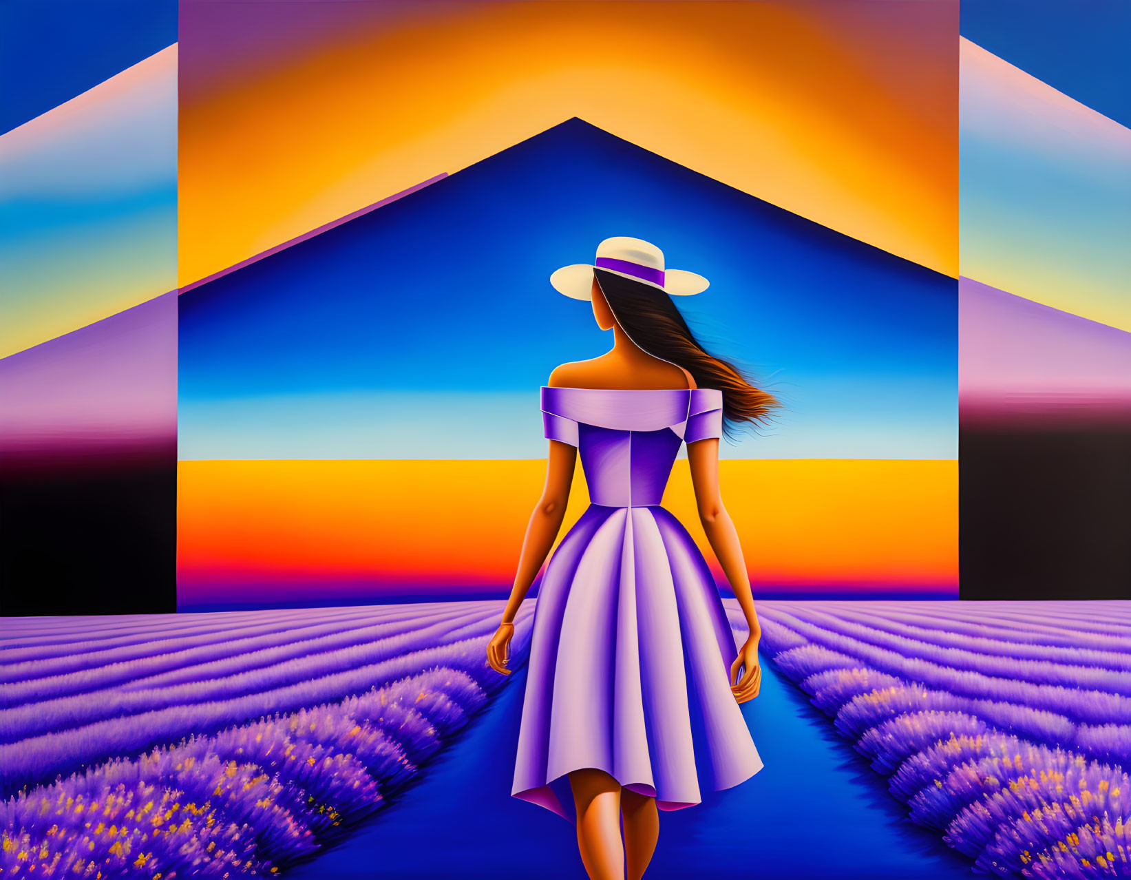 Woman in Purple Dress and Hat in Lavender Field Sunset Scene