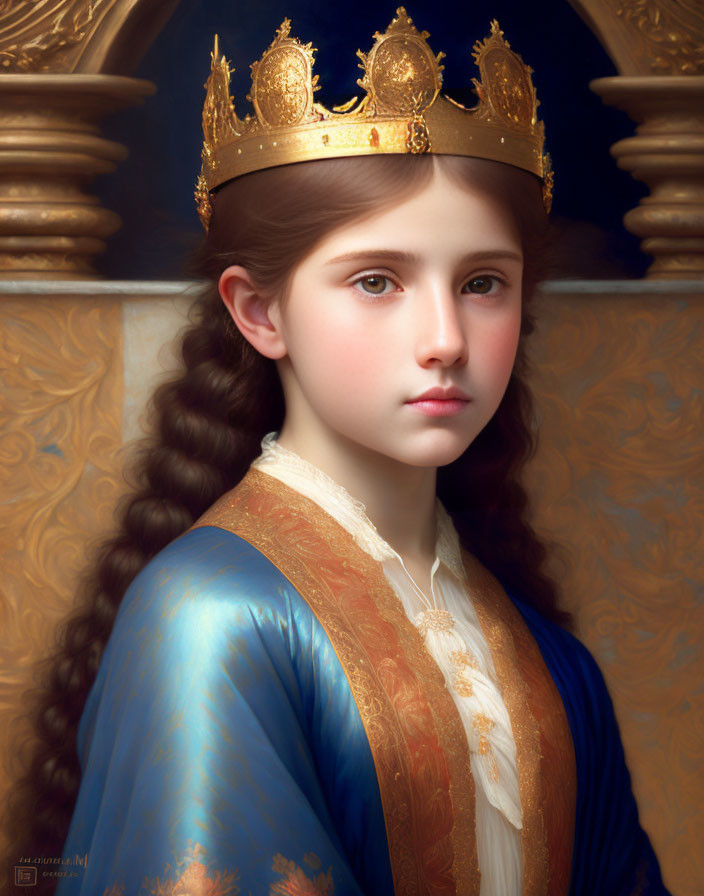 Young girl in gold crown and royal blue dress against ornate backdrop