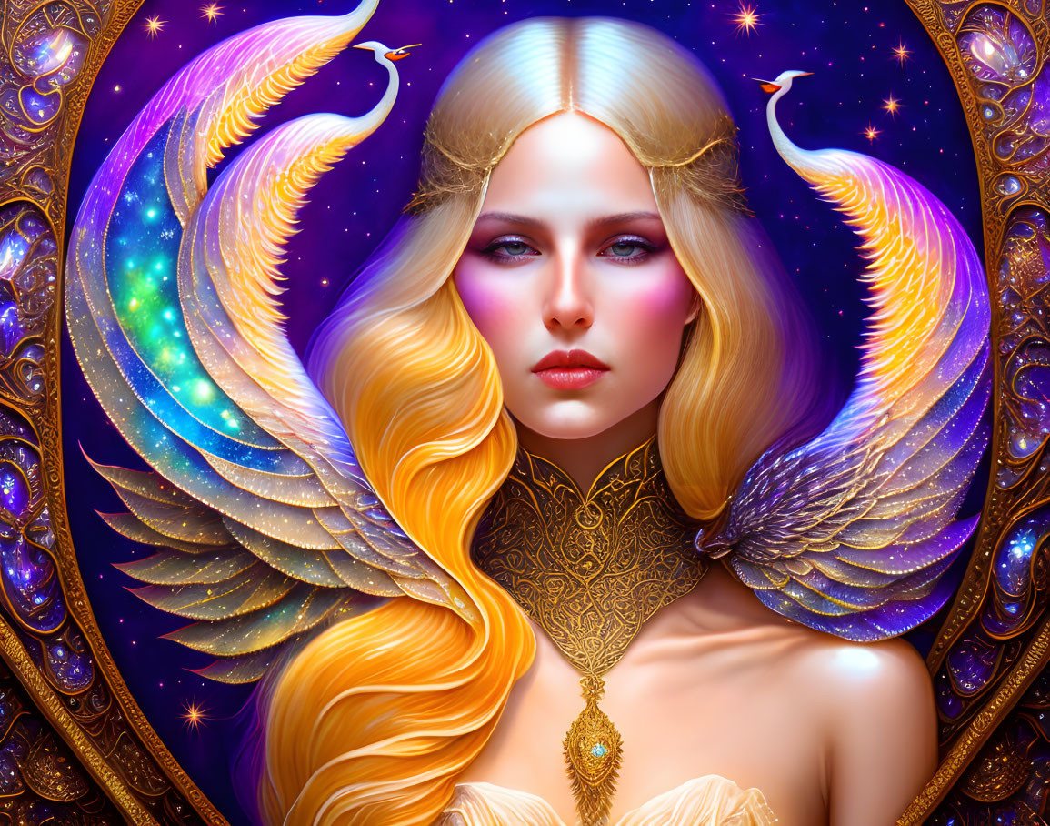 Surreal illustration: Woman with golden wings and cosmic backdrop