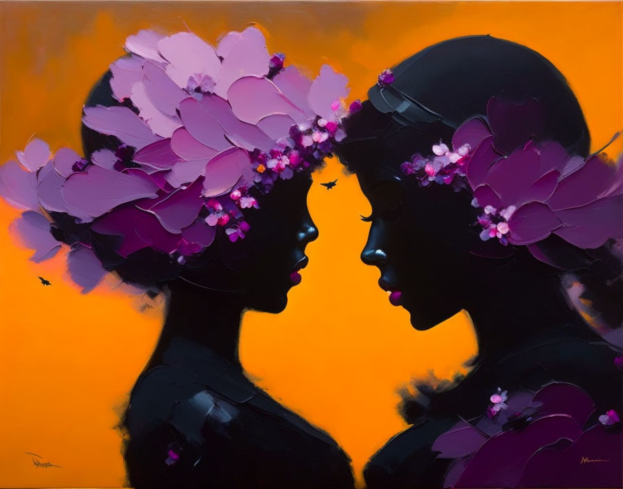 Silhouetted profiles with purple floral adornments on warm orange backdrop