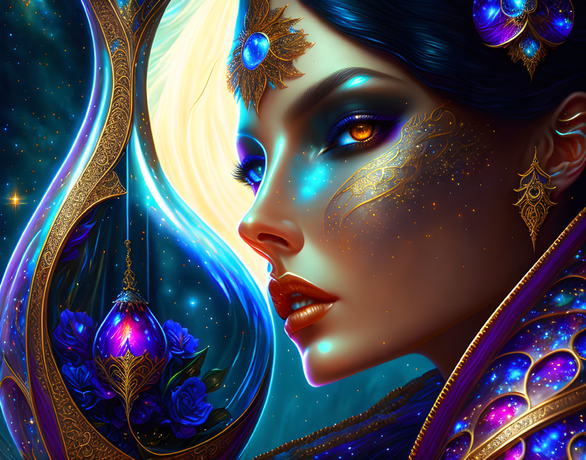Blue-skinned woman with golden adornments in cosmic setting.