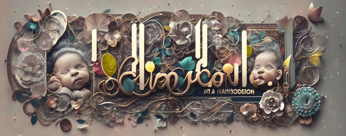 Ornate floral and abstract elements with sleeping babies and elegant typography