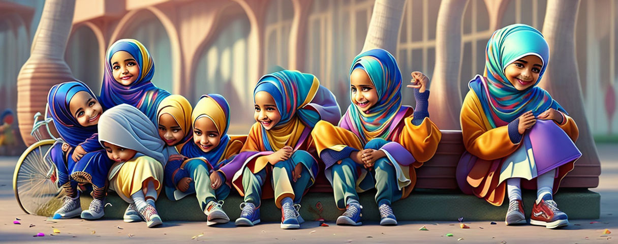 Vibrant illustration of smiling young girls in hijabs on a step with arched corridor.