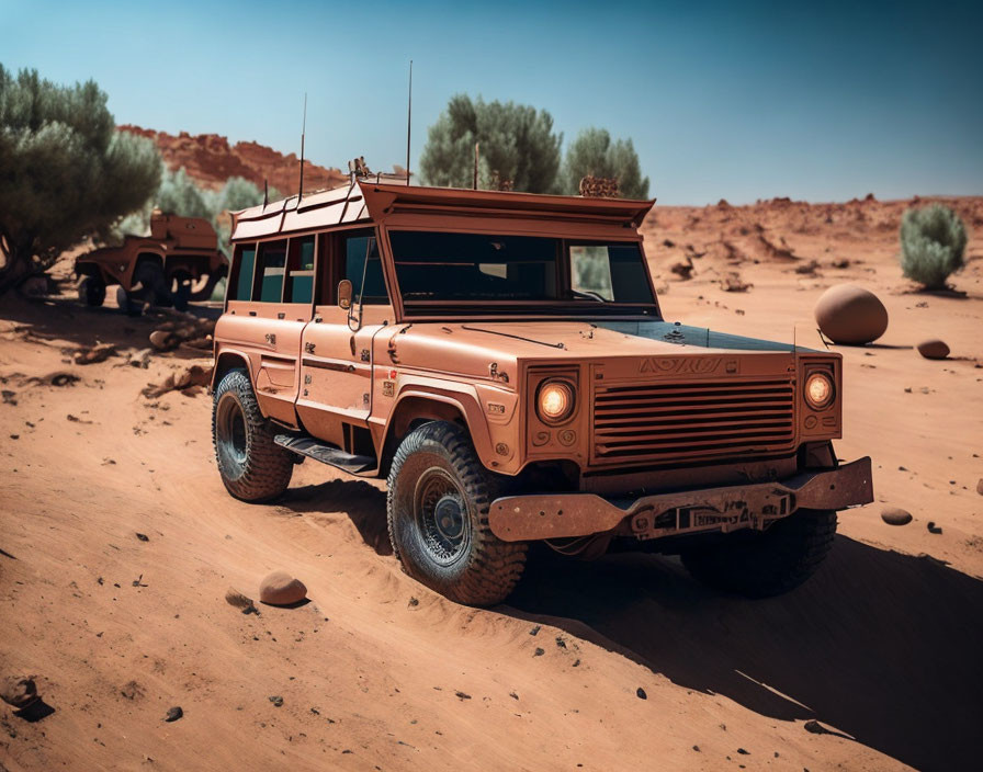 Vintage 4WD vehicle on desert sand with blue sky, second vehicle in background