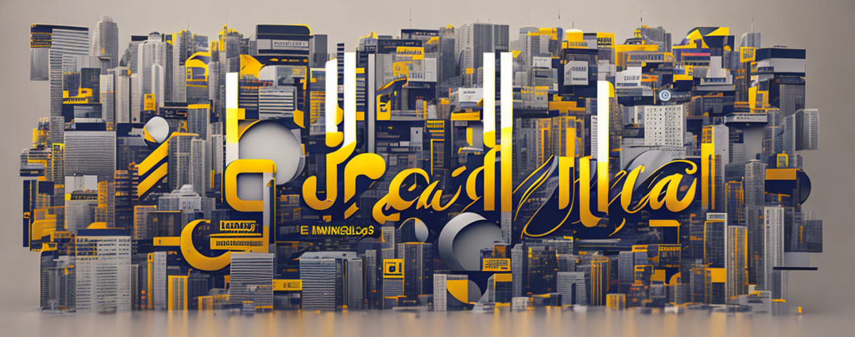 3D city skyline artwork with Arabic script buildings in yellow and grey