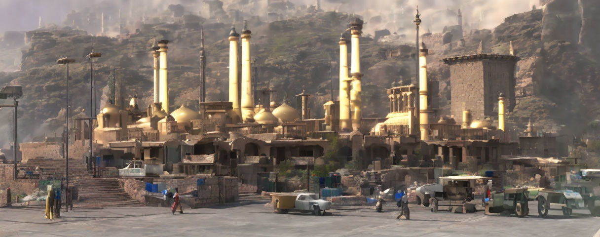 Bustling street scene with golden-domed palace and minarets amid rocky terrain