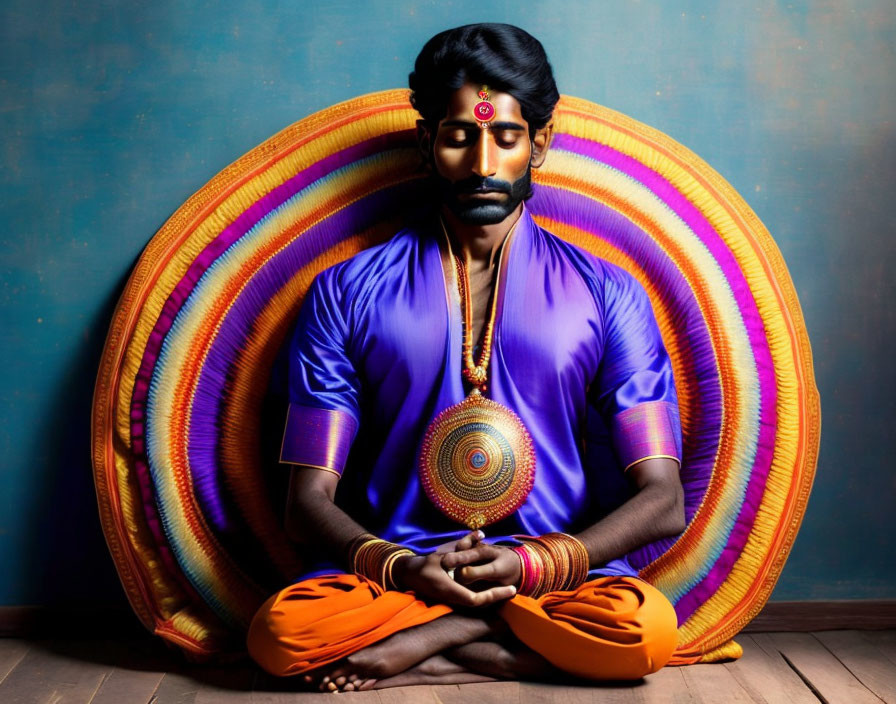 Traditional Indian attire person meditating with peacock feather backdrop