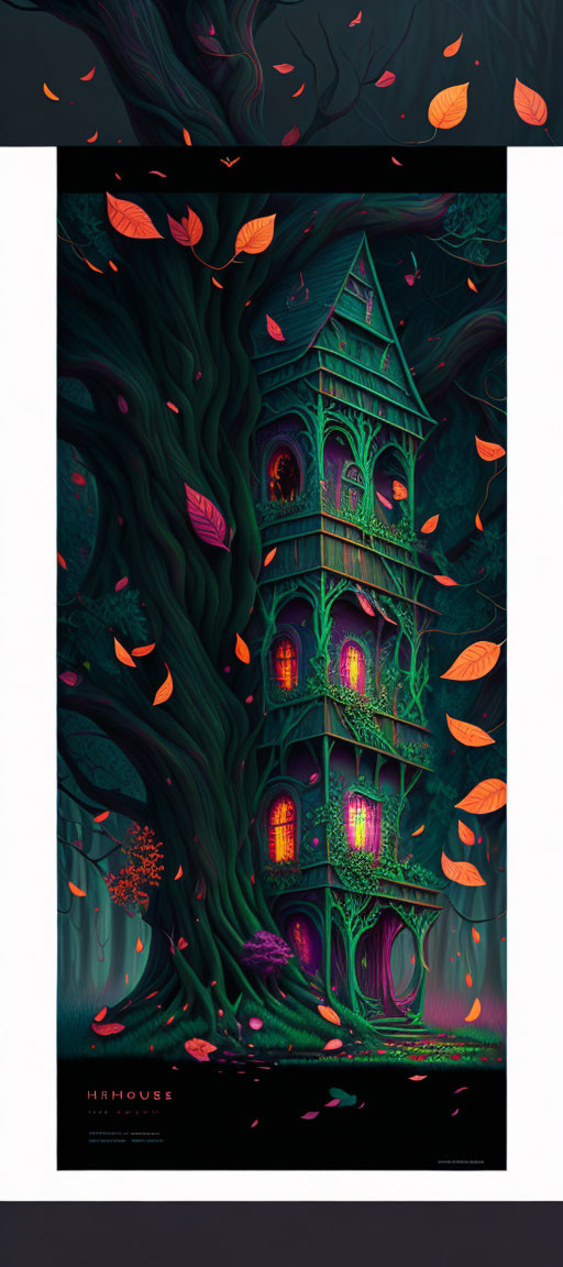 Fantasy treehouse illustration with swirling foliage and glowing windows