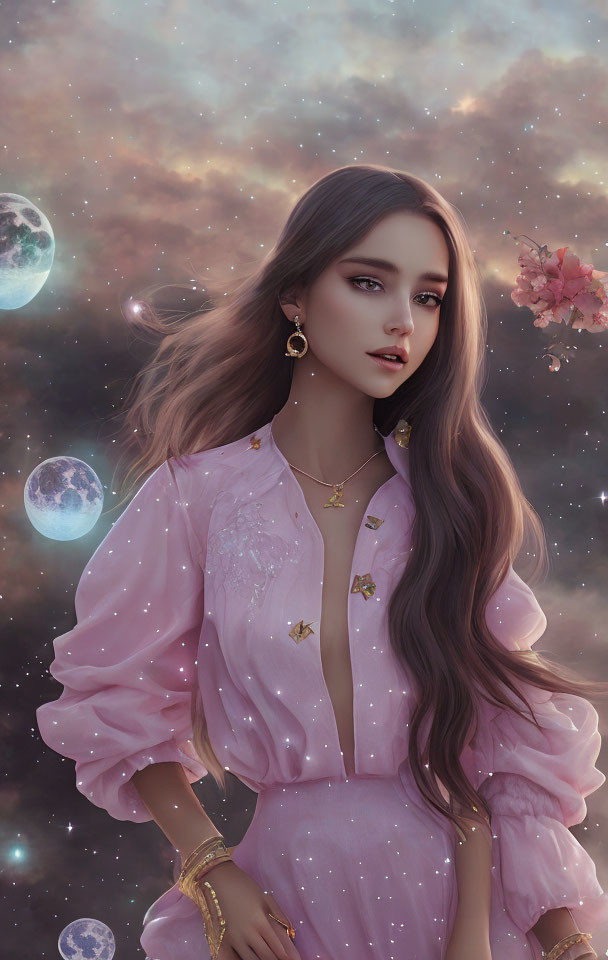 Digital artwork featuring woman with long brown hair in pink blouse against cosmic backdrop.