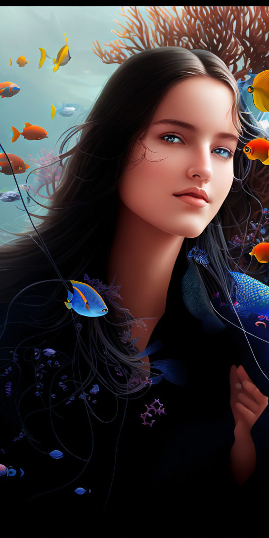 Woman with dark hair underwater among tropical fish and coral.