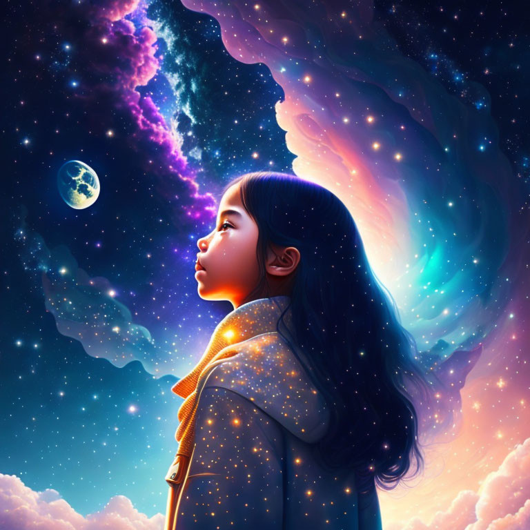 Young girl admires Earth in cosmic scene with galaxies and stars