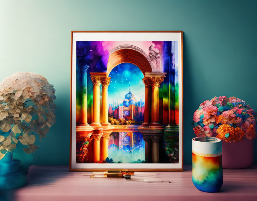 Colorful framed artwork of a fantastical archway with cosmic colors on a desk with a mug,