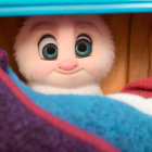 Child with expressive green eyes peeking over shelf among colorful fluffy toys