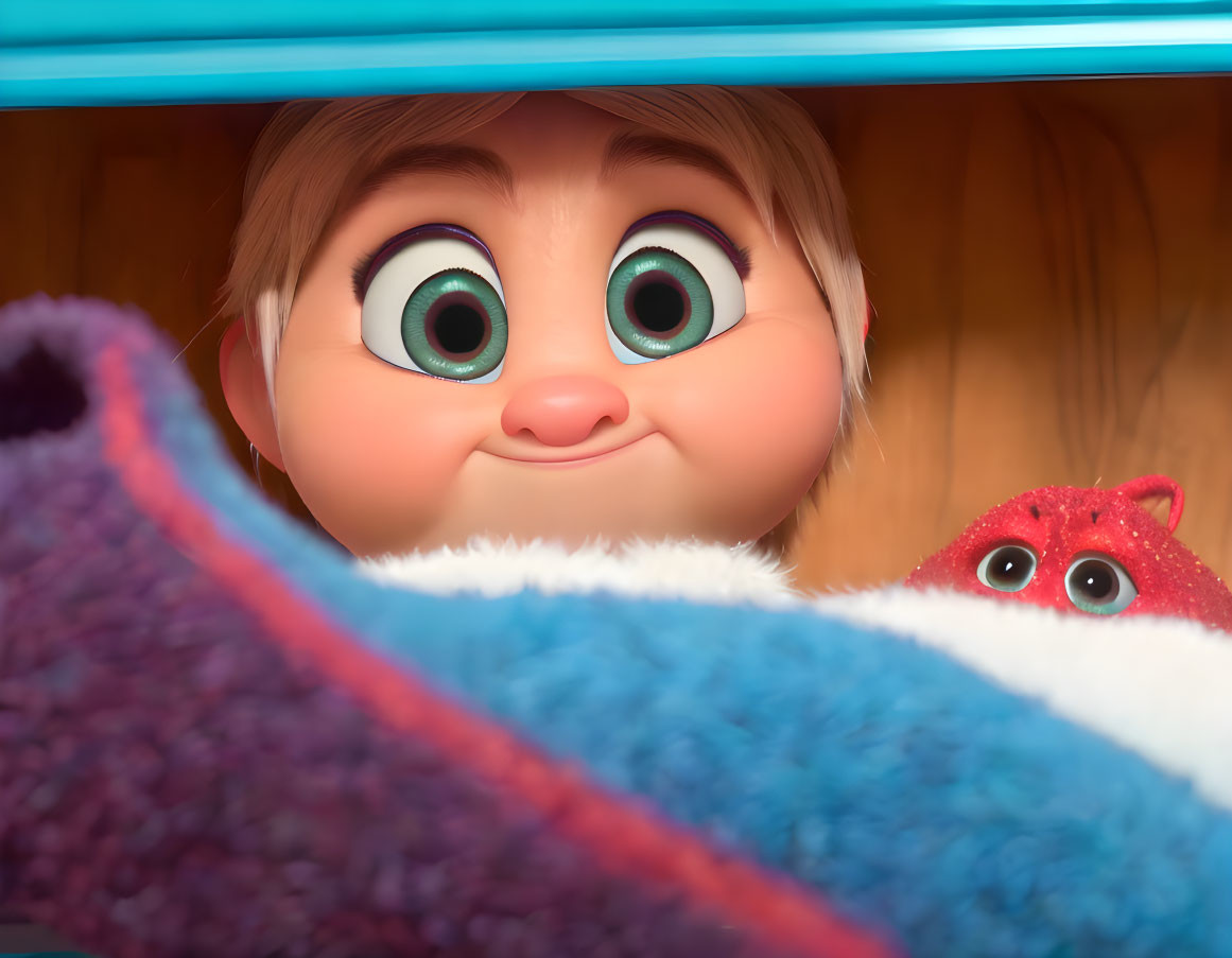 Child with expressive green eyes peeking over shelf among colorful fluffy toys