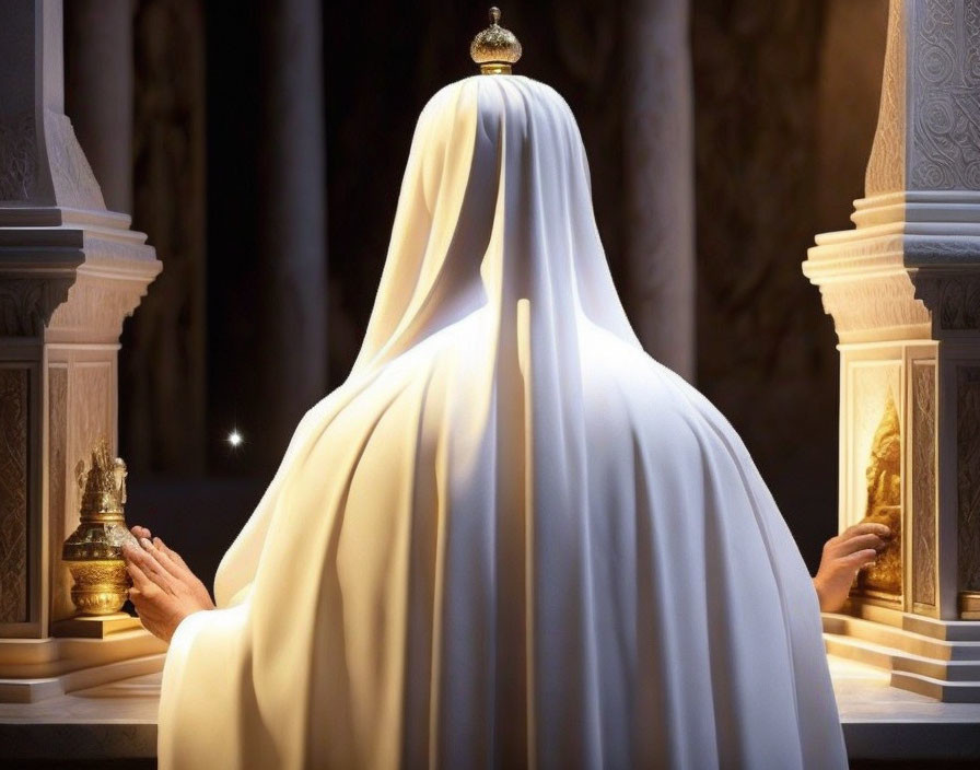 White-robed figure with golden reliquaries in dimly lit hall