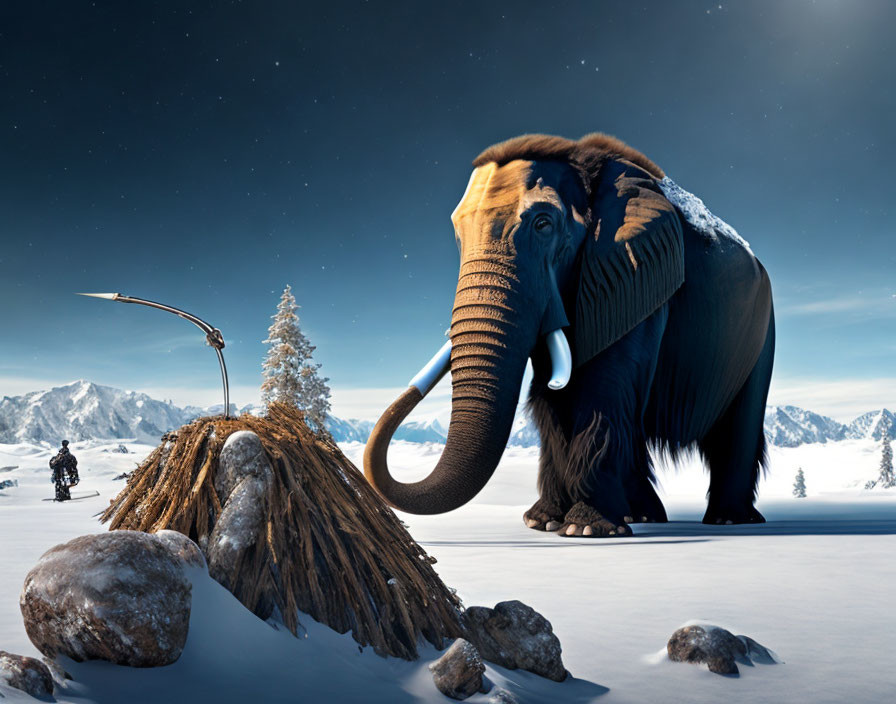 Elephant beside hut in snowy landscape with mountains and starry sky