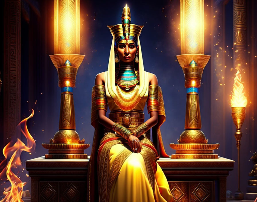 Egyptian Pharaoh on Throne with Golden Columns and Flames