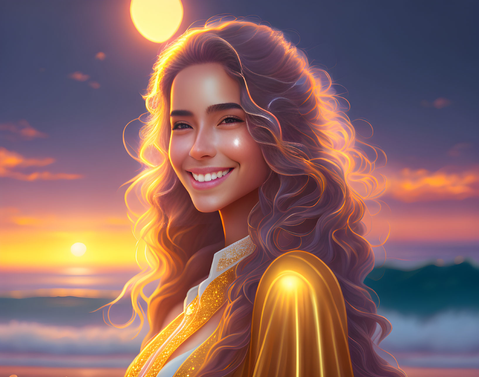 Smiling woman with long wavy hair in golden clothes at vibrant ocean sunset