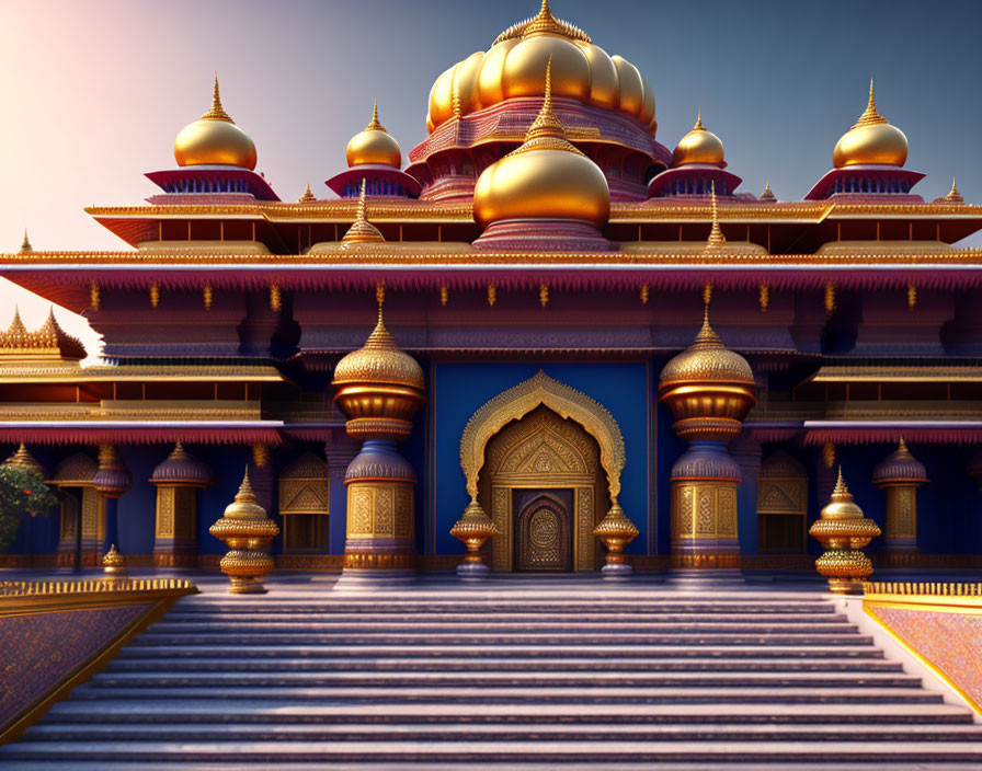 Opulent palace with golden domes and intricate patterns at sunset