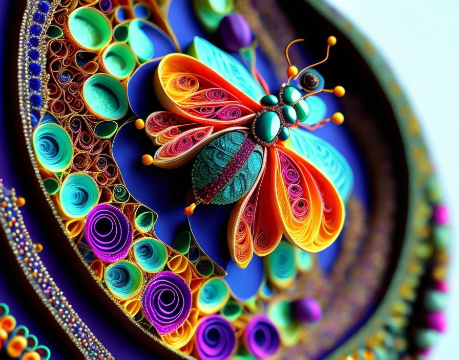 Colorful Quilled Paper Art of Intricate Butterfly and Circular Designs