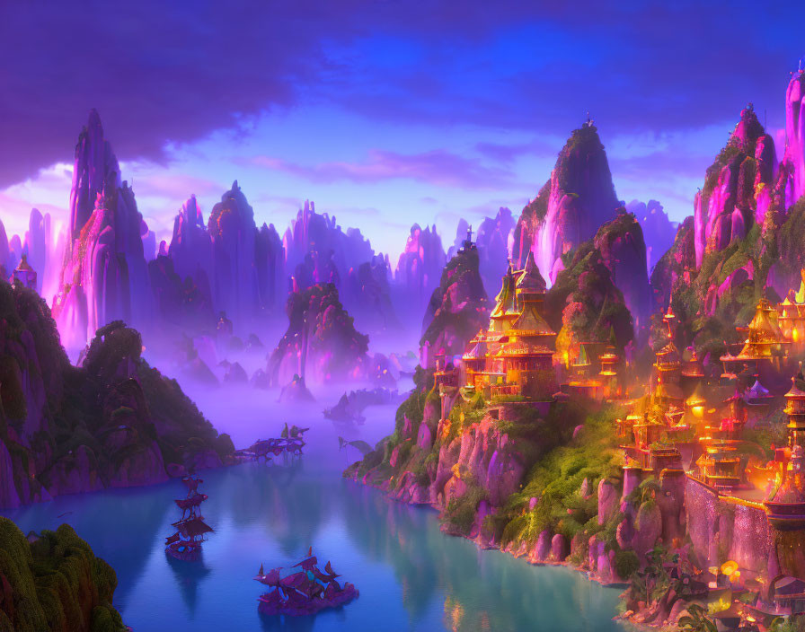 Mystical landscape with pink-purple mountains, golden pagodas, blue lake, boats, and