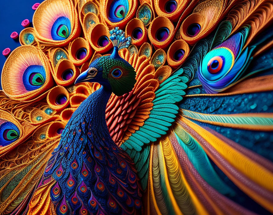 Colorful Peacock with Blue, Green, and Orange Plumage