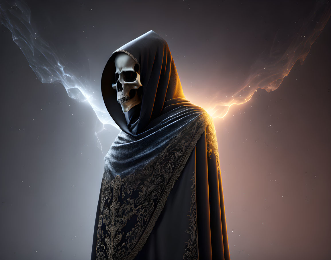 Cloaked figure with skull face in dark background with blue wisps