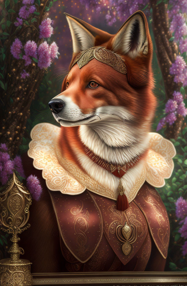 Regal anthropomorphic fox in elegant attire with jeweled headband beside golden goblet amid purple blooms