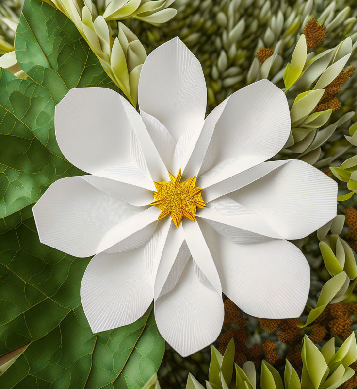 White Paper Flower with Golden Center and Green Leaves Displayed