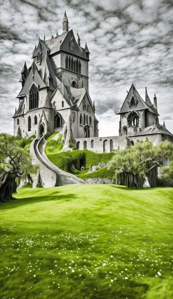 Gothic-style castle on hill with spires, green landscape, winding pathways, cloudy sky