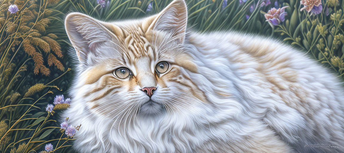 Fluffy Tan and White Cat with Amber Eyes in Field of Green Grass and Purple Flowers