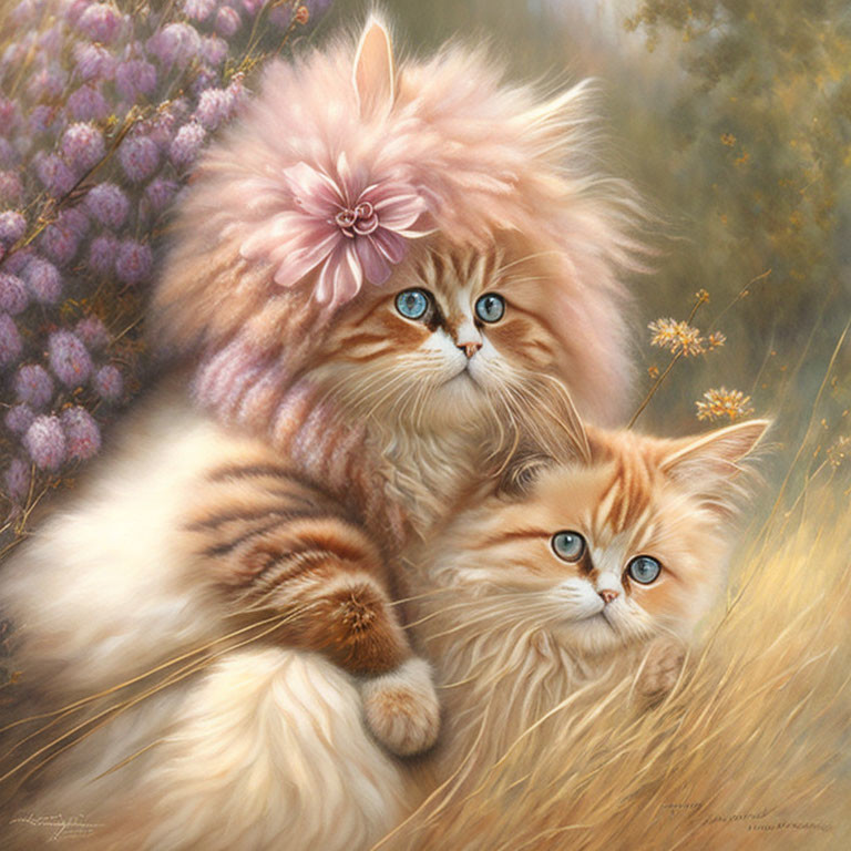 Whimsical cats with blue eyes in ornate headpieces amidst pastel flora