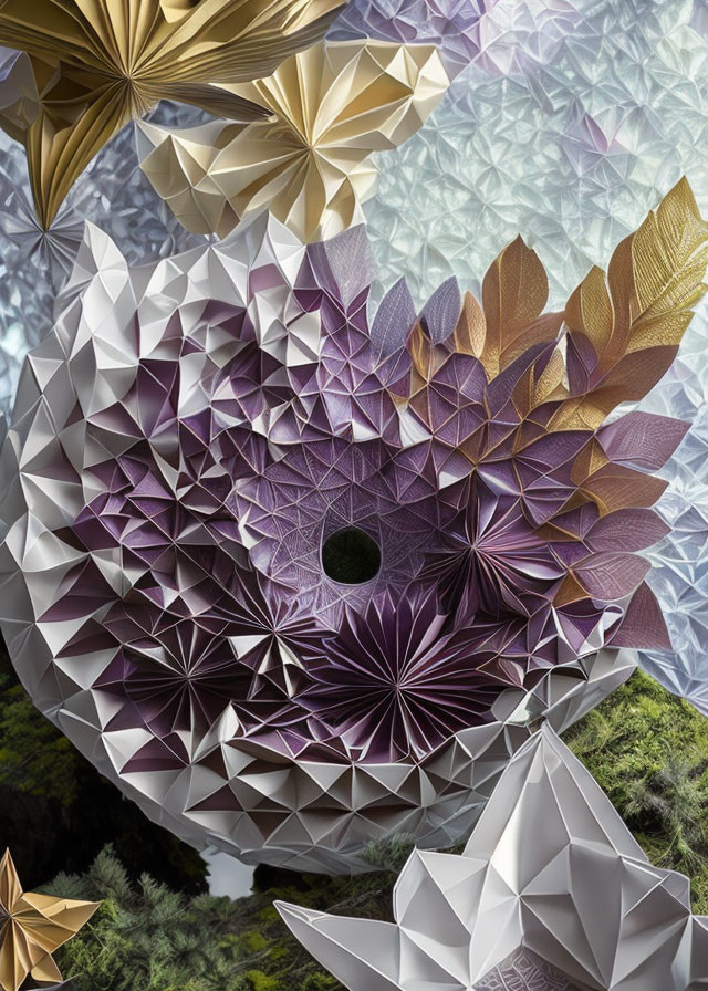 Origami Art: Geometric Shapes & Patterns in Purple, Gold, and White