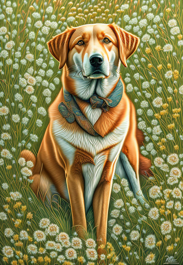 Stylized brown dog with soulful eyes in bow tie among white flowers