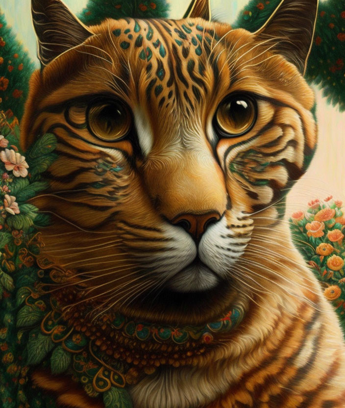 Detailed Tiger Painting with Vibrant Flora Background