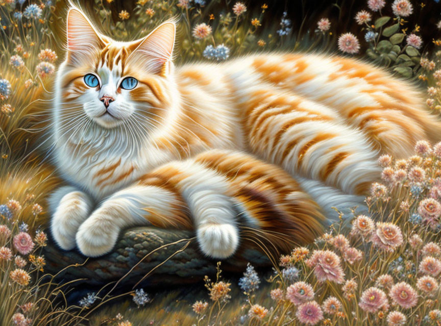 Realistic painting of orange and white cat with blue eyes on log with wildflowers